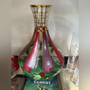 MacKenzie-Childs Christmas Holly Decantor with gold accents 11”